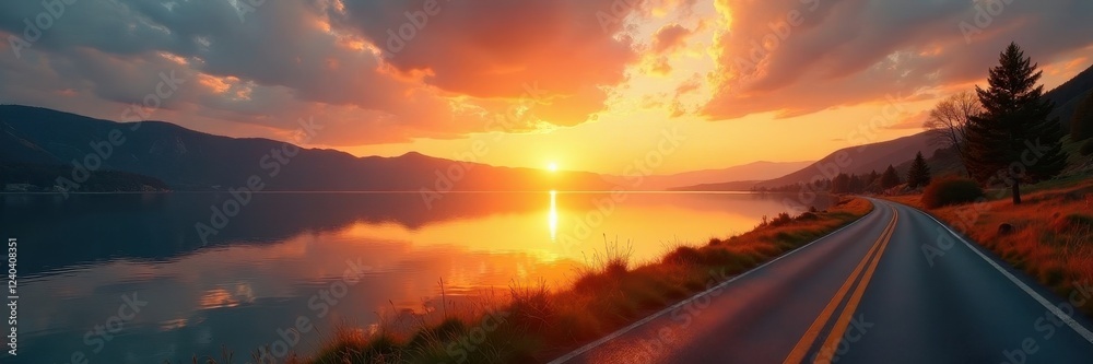 Obraz premium Golden sunset reflects on calm lake, road winds beside it , image, summer, serene