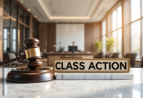 A gavel and 'Class Action' sign on a desk in a modern law office, legal proceedings concept