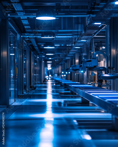 Futuristic automated production line in high-tech factory
