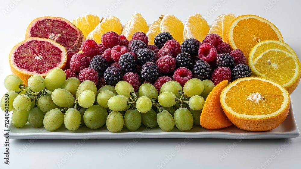 A vibrant platter of assorted fruits, including grapes, berries, oranges, and blood oranges, showcasing a colorful and healthy presentation. A vibrant platter of assorted fruits, including grapes, berries, oranges, and blood oranges, showcasing a colorful and healthy presentation.