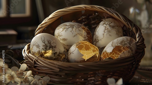 Cracked eggshells in a basket revealing a tiny fantasy world photo