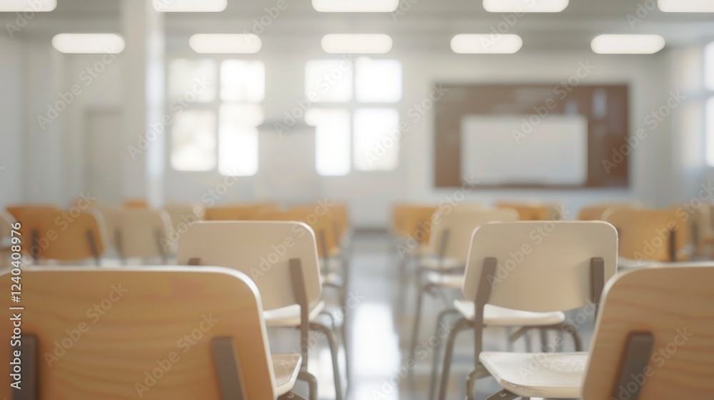 Blurred background of empty classroom with white chairs and whiteboard. Blurred background of empty classroom with white chairs and whiteboard.
