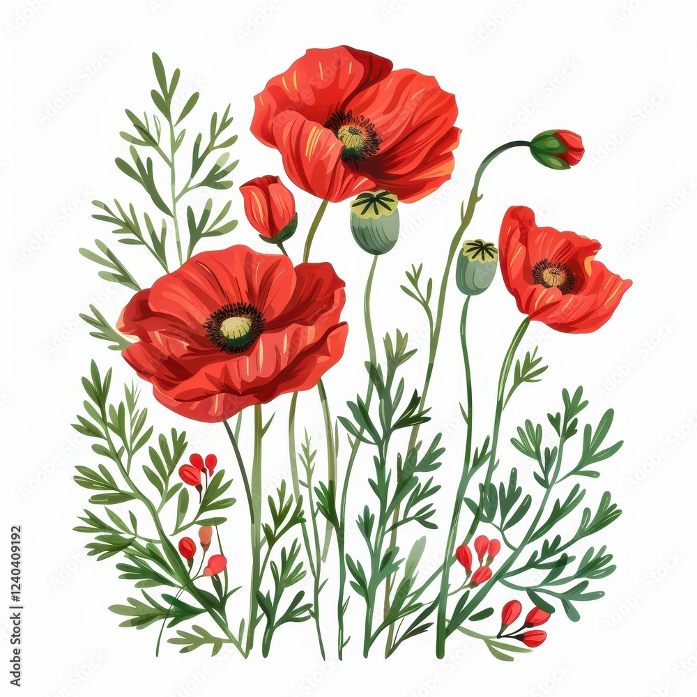 Naklejka premium Vibrant red poppy flowers in detailed illustration.