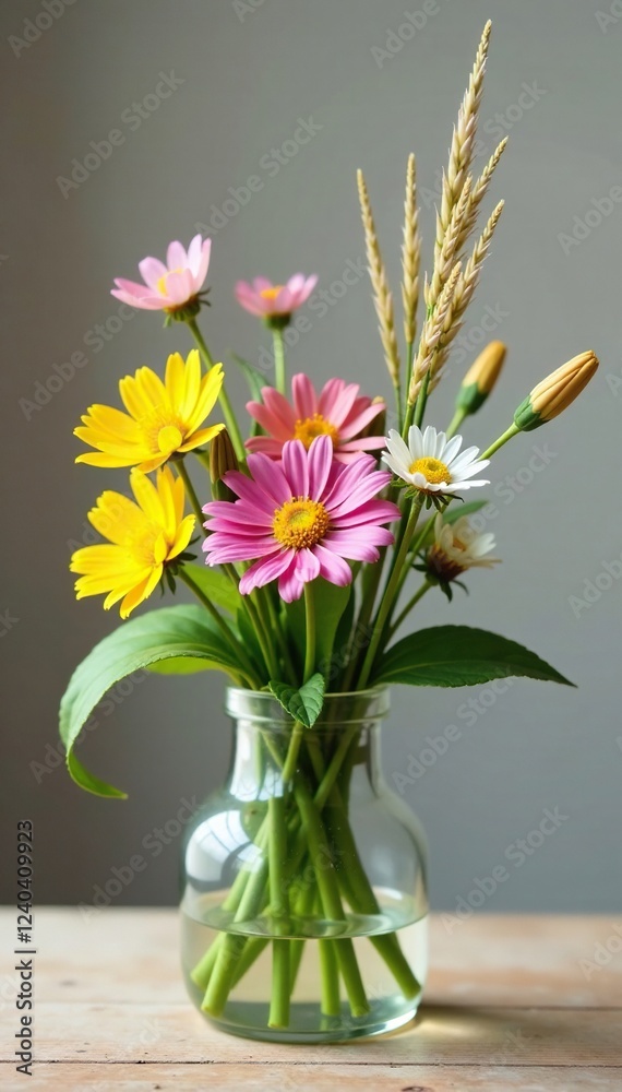Meadow flowers and grasses in a simple glass vase, country, flowers Meadow flowers and grasses in a simple glass vase, country, flowers
