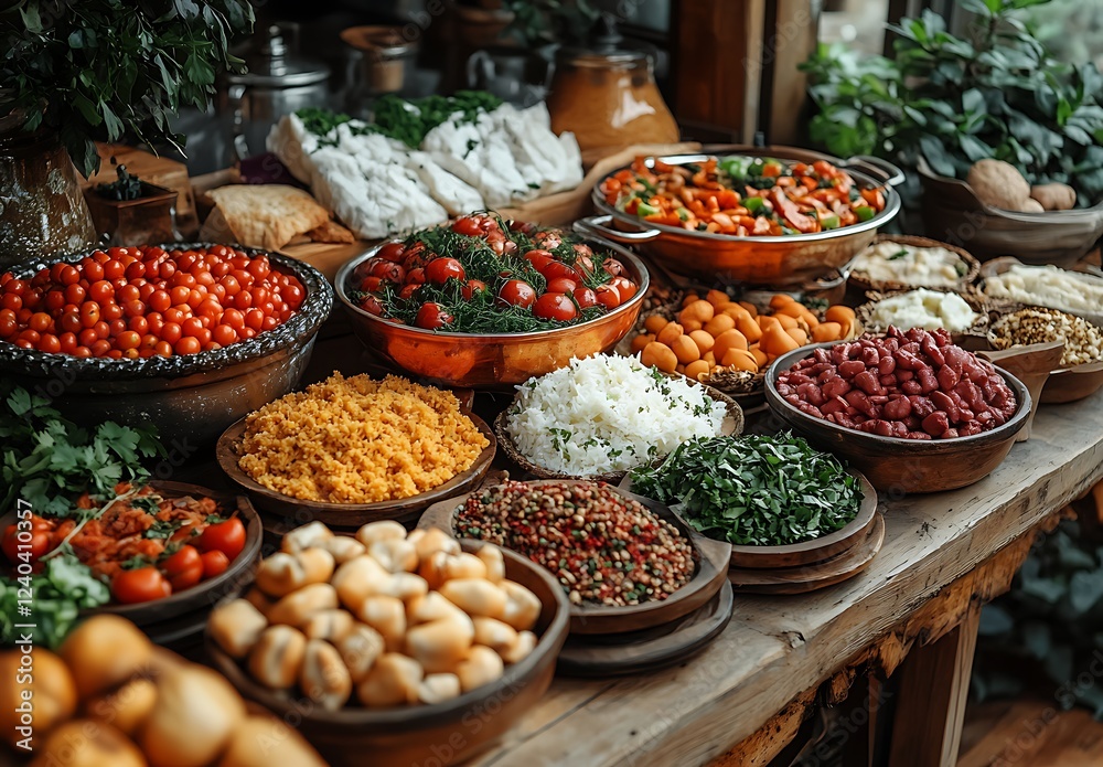 Vibrant Assortment of Fresh Vegetables and Grains in Wooden Bowls on a Rustic Table Surrounded by Greenery
Vibrant Assortment of Fresh Vegetables and Grains in Wooden Bowls on a Rustic Table Surrounded by Greenery