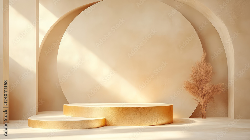 3D rendering of golden e-commerce product booth background 3D rendering of golden e-commerce product booth background