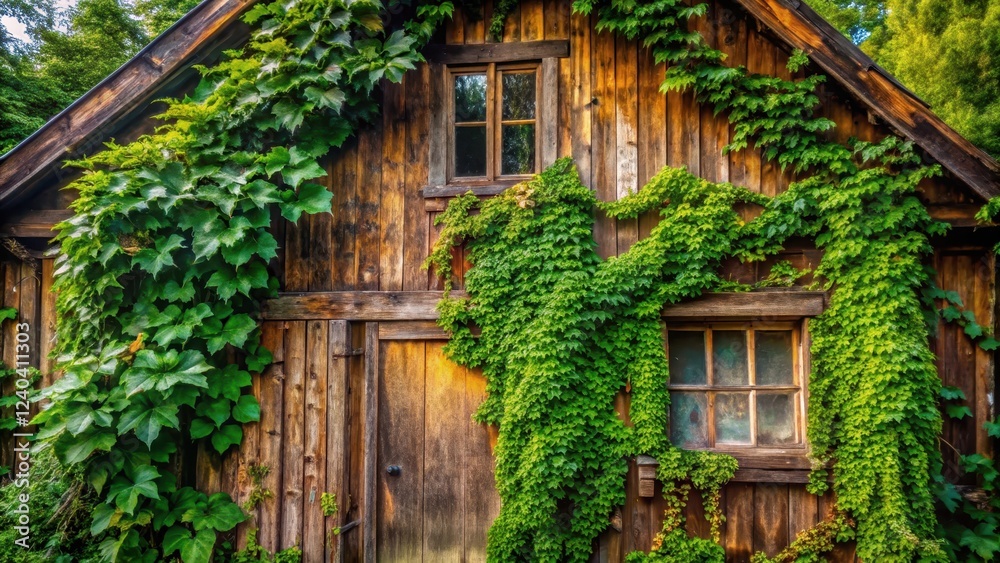 Fototapeta premium A corner of a rustic wooden house with overgrown green leaves and vines on the facade, overgrowth, foliage