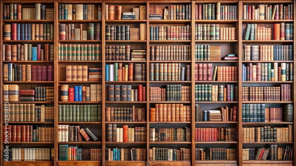 A wide bookshelf with a collection of books, some with blurred covers and others with sharp details, creating a visually appealing contrast , book storage, books A wide bookshelf with a collection of books, some with blurred covers and others with sharp details, creating a visually appealing contrast , book storage, books