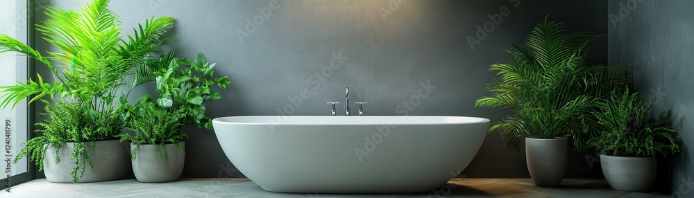 Obraz premium A modern bathroom featuring a freestanding bathtub surrounded by lush greenery in stylish pots, creating a serene and relaxing atmosphere.