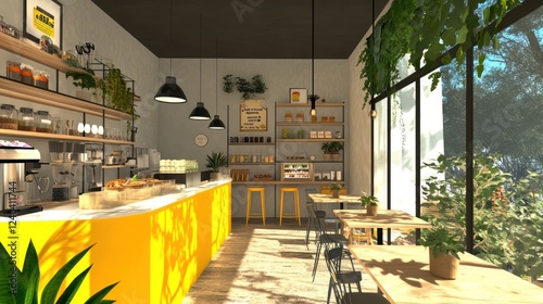 Modern cafe interior, sunny day, plants, tables,  interior design, photo photo