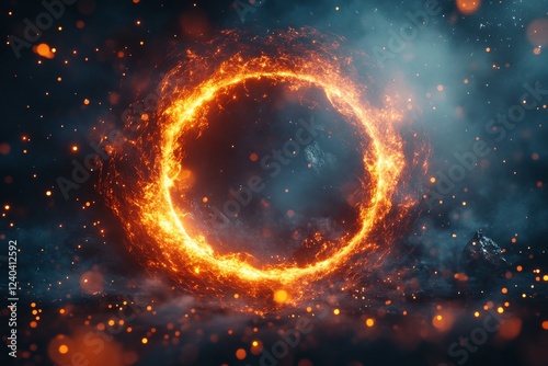 Glowing circular portal emits fiery energy in a mystical landscape at dusk photo