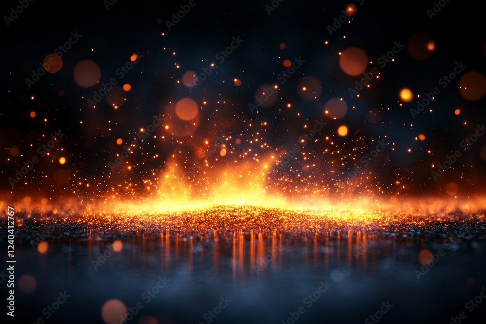 Fototapeta premium Dynamic spark of flames and ember particles illuminating a dark surface at night