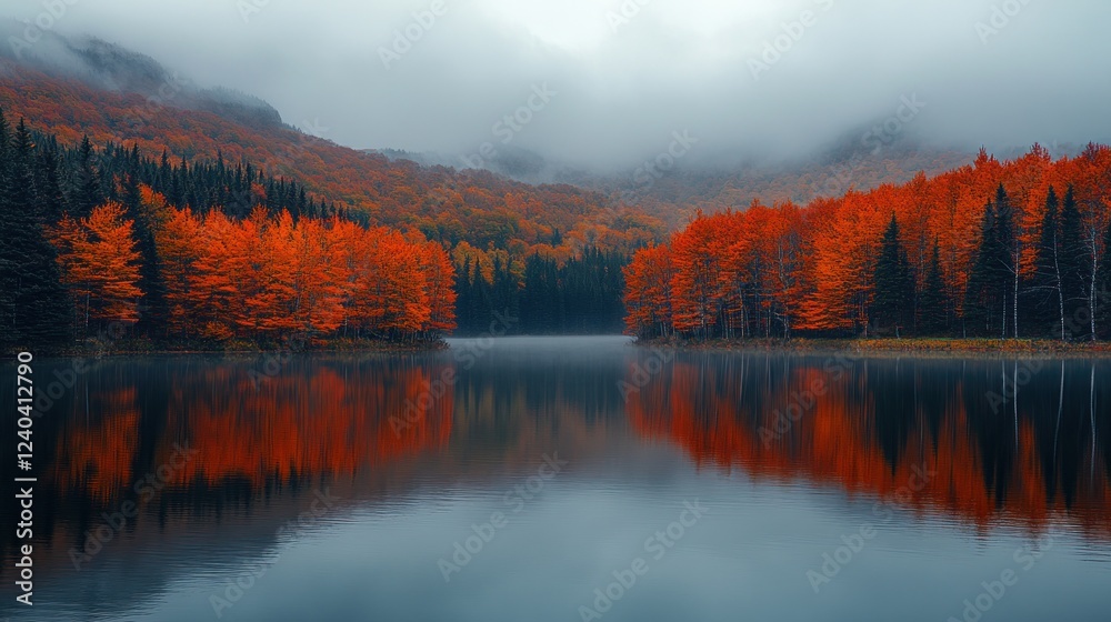 Obraz premium Autumn lake, fog, mountain reflection, calm