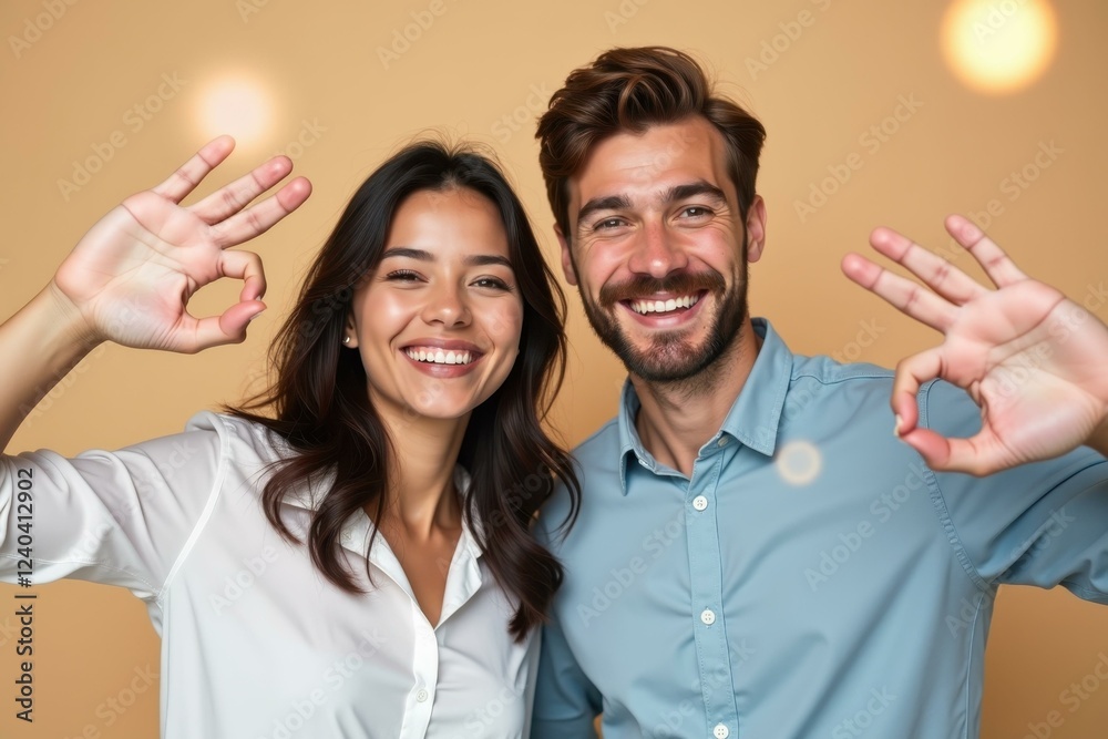 Man and woman are posing for picture with their hands up Man and woman are posing for picture with their hands up