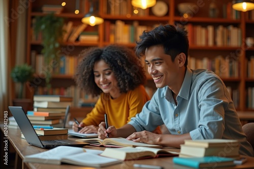 Man and woman are sitting at table with books and laptops