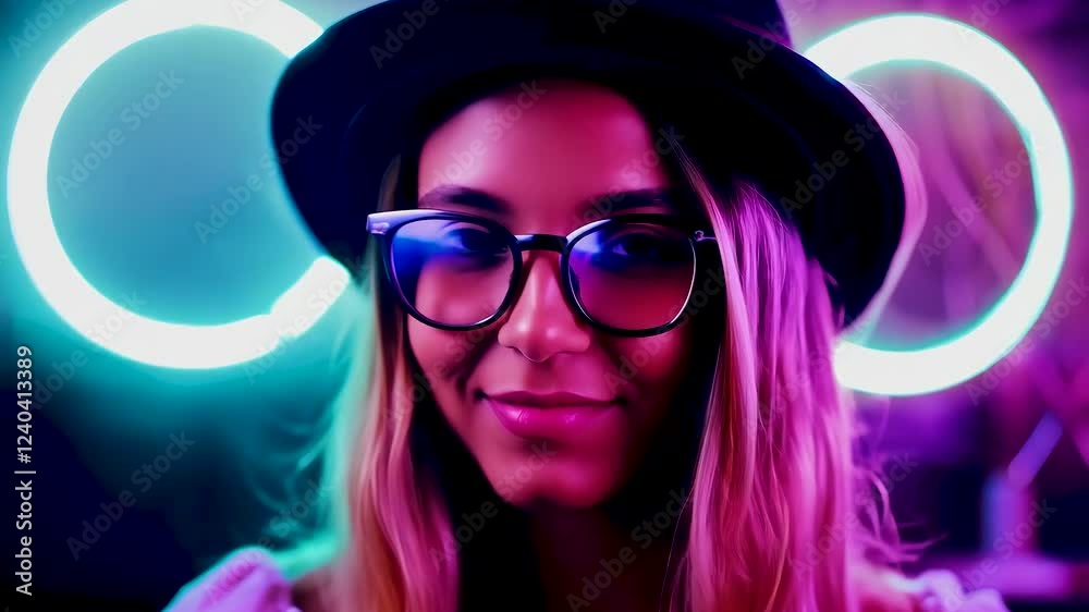 Smiling woman with glasses in neon lights