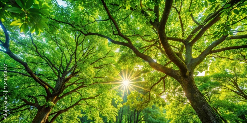 Obraz premium Dense foliage of summer trees with sunlight filtering through the leaves in a warm and inviting atmosphere, capturing the beauty of nature at its peak, natural light, greenery