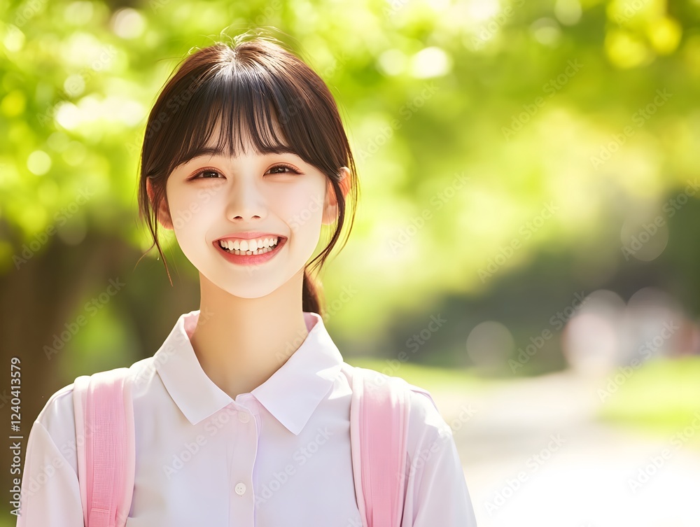 Smiling Asian Student Girl in Park, Happy Teenager Outdoors