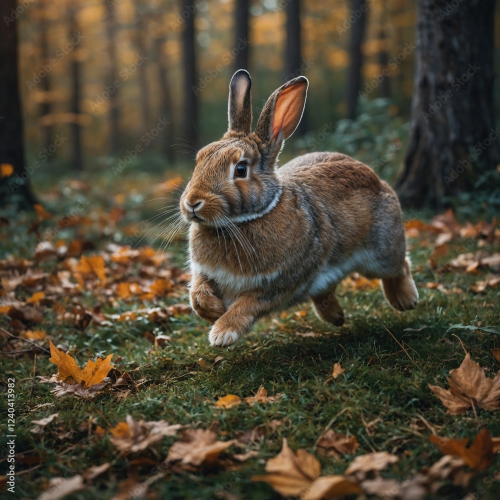 Fototapeta premium A graceful rabbit running through an enchanted autumn forest.