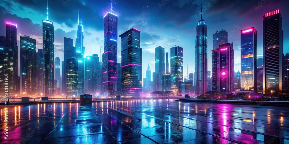 futuristic cityscape with towering skyscrapers and neon lights reflecting off wet pavement futuristic cityscape with towering skyscrapers and neon lights reflecting off wet pavement