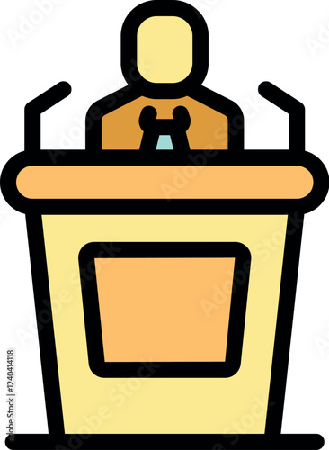 Politician giving a speech at conference or meeting standing behind rostrum with microphones