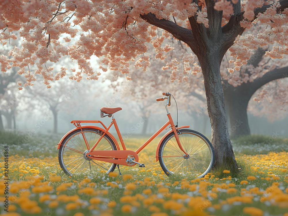 Fototapeta premium Bicycle Resting Under Blossoming Trees in a Vibrant Spring Meadow With Wildflowers