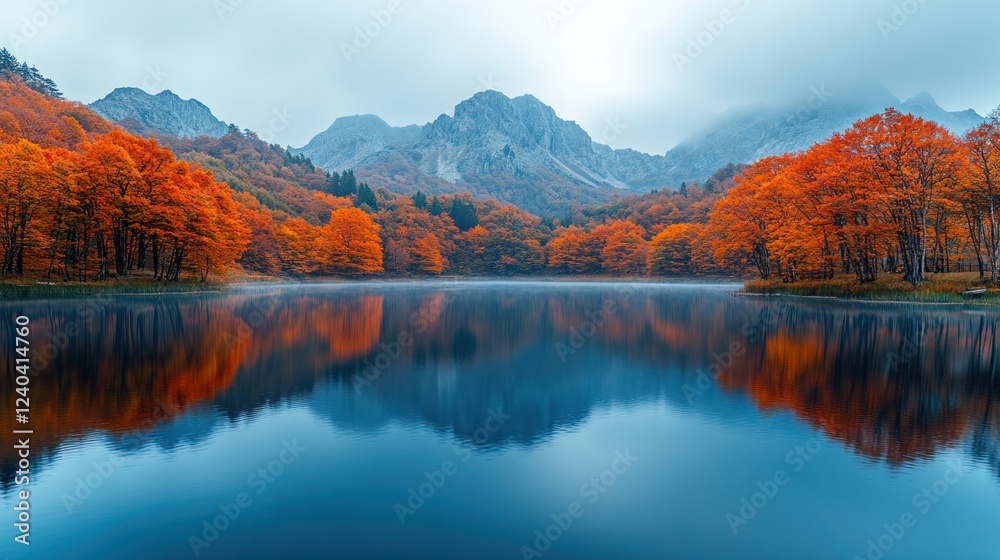 Fototapeta premium Autumn lake, mountain reflection, misty sunrise, calm (1)