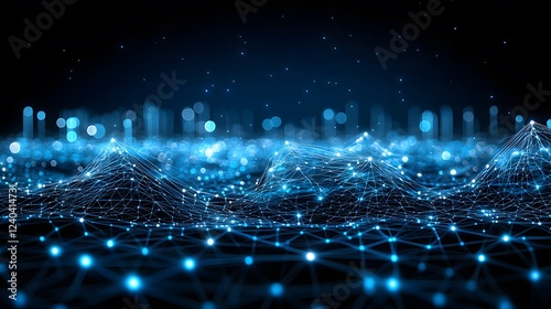 Abstract Digital Landscape, Futuristic Network Connection, Glowing Blue Nodes and Lines