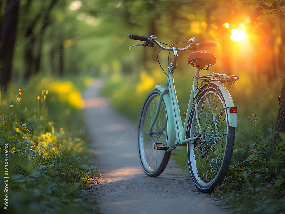 Obraz premium Bicycle Rests Against Tree in Serene Green Park at Sunset