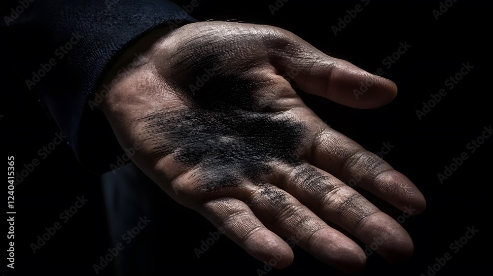 Fototapeta premium Dirty Hand Palm Closeup Dark Background Abstract