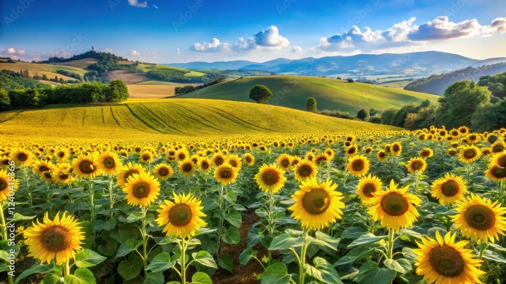 Fototapeta premium Field of sunflowers in an Umbrian countryside with green hills and blue sky, countryside, crop, countryside, crop
