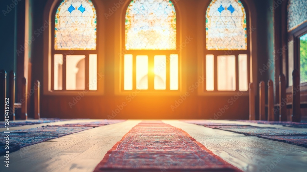 Fototapeta premium Sunlit Mosque Interior: A Serene Space for Prayer and Reflection