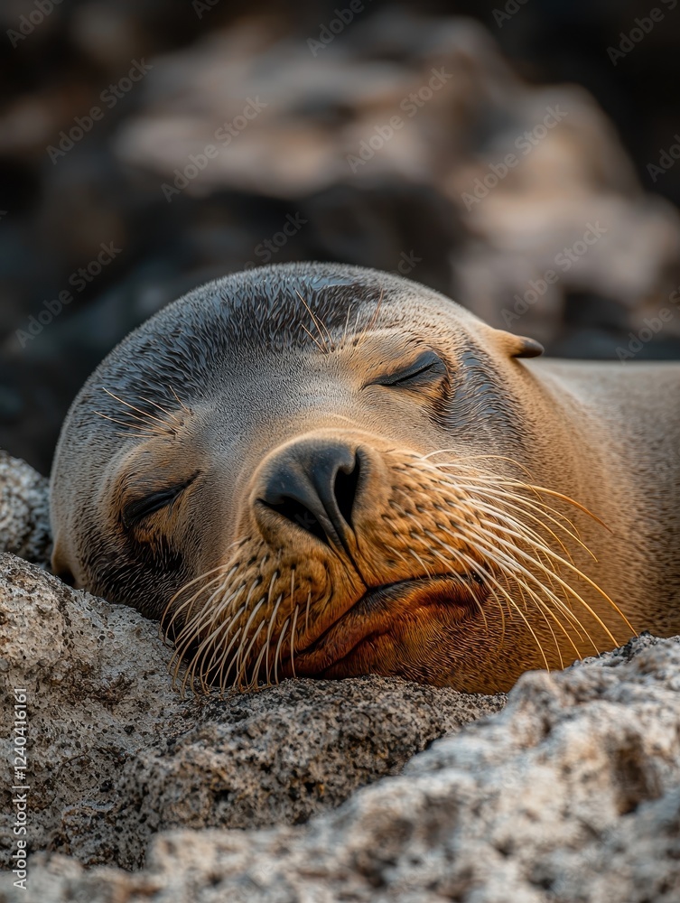 Fototapeta premium Relaxing sea lion galapagos islands wildlife photography rocky environment close-up view nature conservation