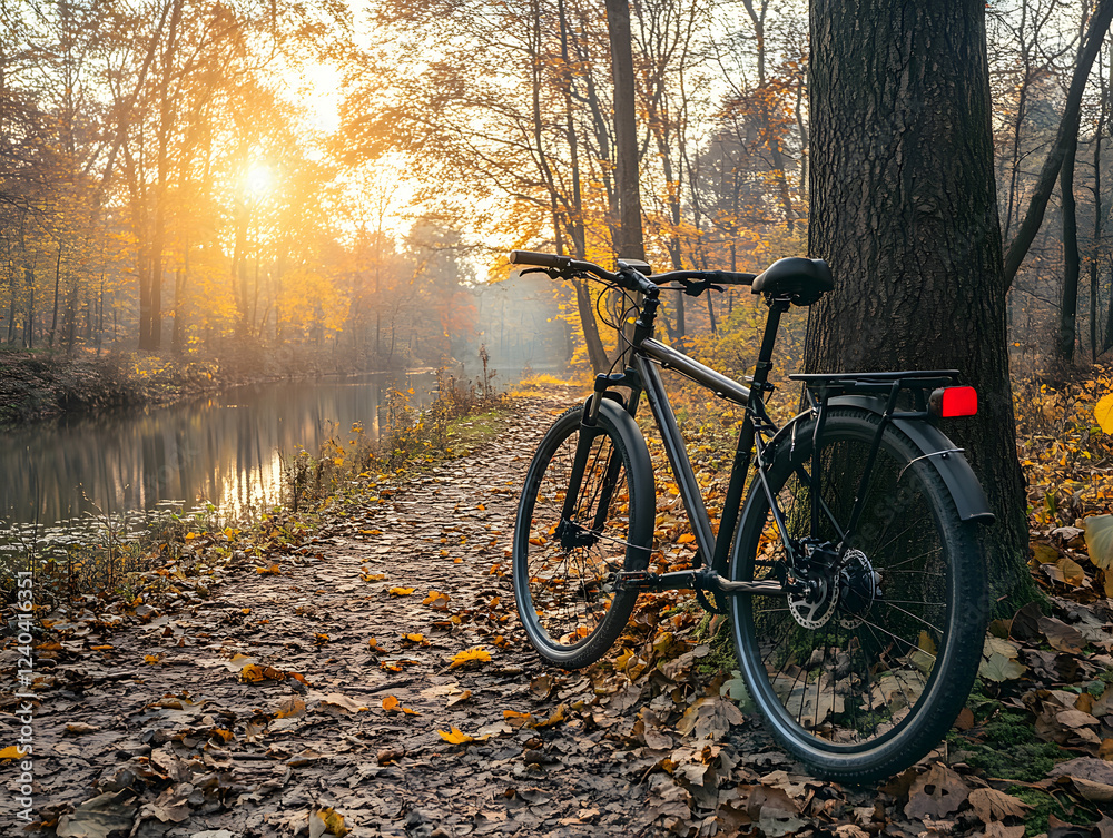 Fototapeta premium Bicycle Rests Against a Tree by the Lakeside During a Serene Sunset