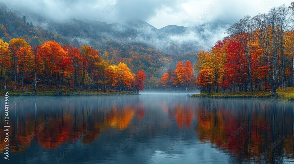 Autumn lake reflection, misty mountains, foliage (1) Autumn lake reflection, misty mountains, foliage (1)