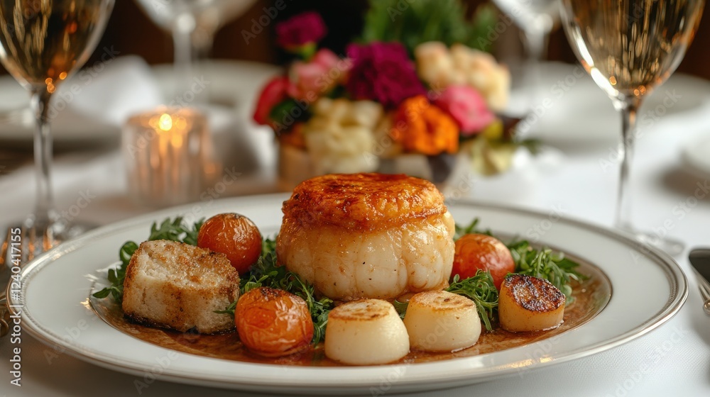 Delicious Scallops on Gourmet Plate Surrounded by Fresh Vegetables Delicious Scallops on Gourmet Plate Surrounded by Fresh Vegetables
