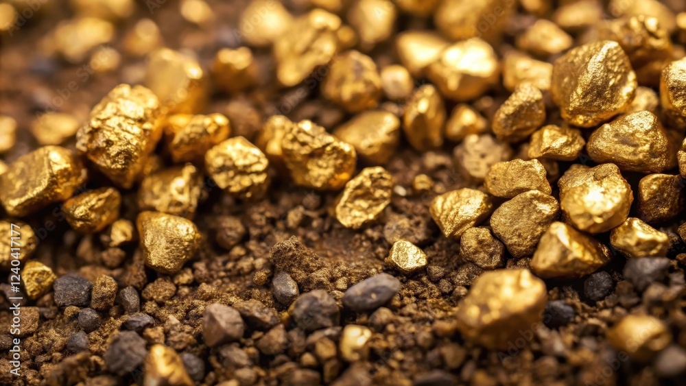 Obraz premium Close-up of rough dirt with small gold nuggets,, dirt, geological formation, dirt