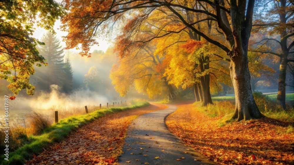 Fototapeta premium Autumn morning landscape with misty atmosphere, vibrant foliage and winding path