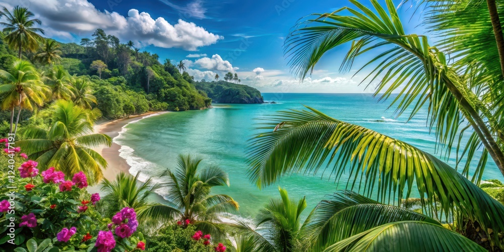 Obraz premium Lush green vegetation surrounds tranquil turquoise water at Uvita Beach in Costa Rica with a mix of swaying palm trees and exotic flowers , uvita beach, palm trees