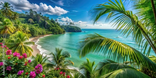 Lush green vegetation surrounds tranquil turquoise water at Uvita Beach in Costa Rica with a mix of swaying palm trees and exotic flowers , uvita beach, palm trees photo