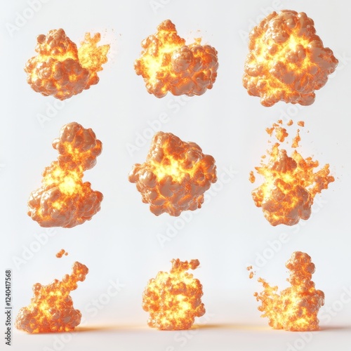 Explosive Fireballs in Various Shapes and Sizes on White Background photo