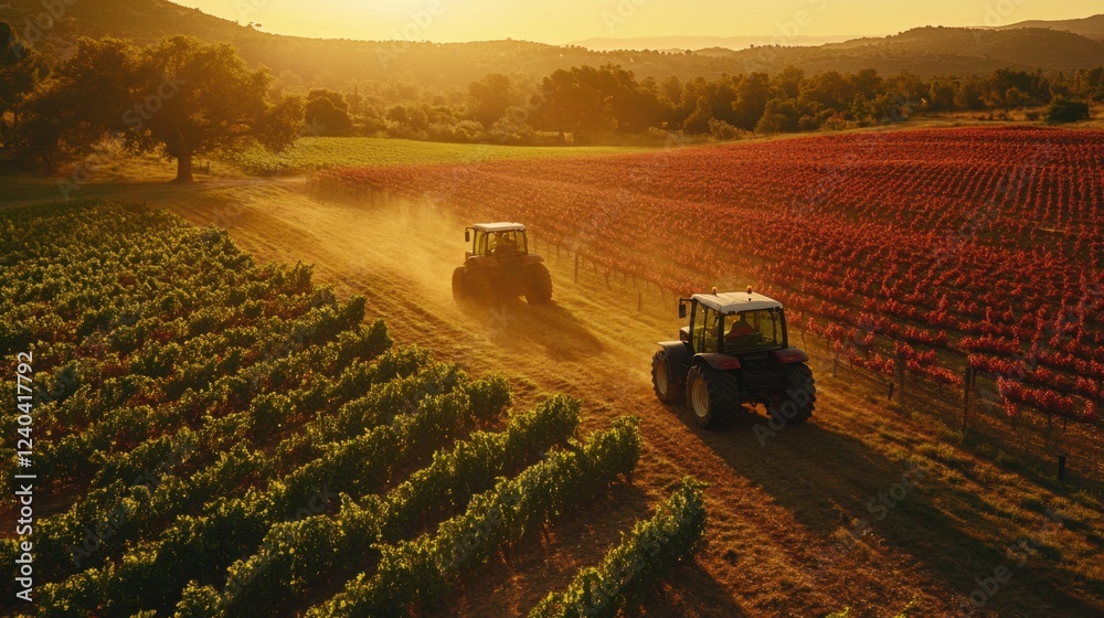 Fototapeta premium Golden Hour Harvest: Two Tractors Working in a Vineyard