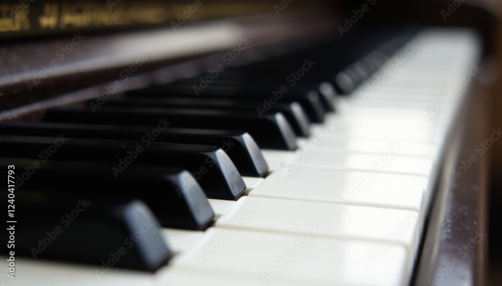 Close-up of piano keys, side profile showing black and white keys, side view, musical instrument, ivory Close-up of piano keys, side profile showing black and white keys, side view, musical instrument, ivory