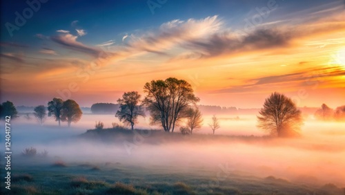 Mysterious Foggy Landscape at Dawn, scenery, nature,  scenery, nature