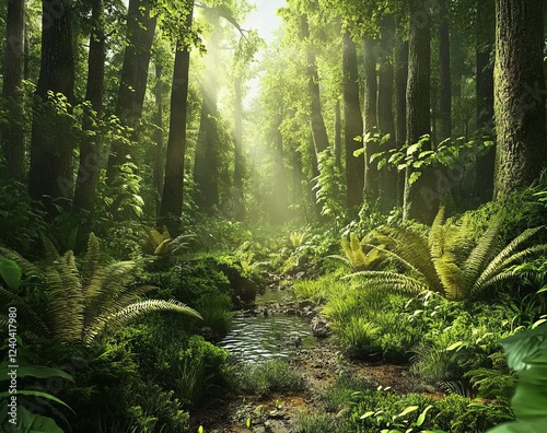 Fototapeta Naklejka Na Ścianę i Meble -  Sunlit forest stream, lush vegetation, tranquil nature scene, eco poster