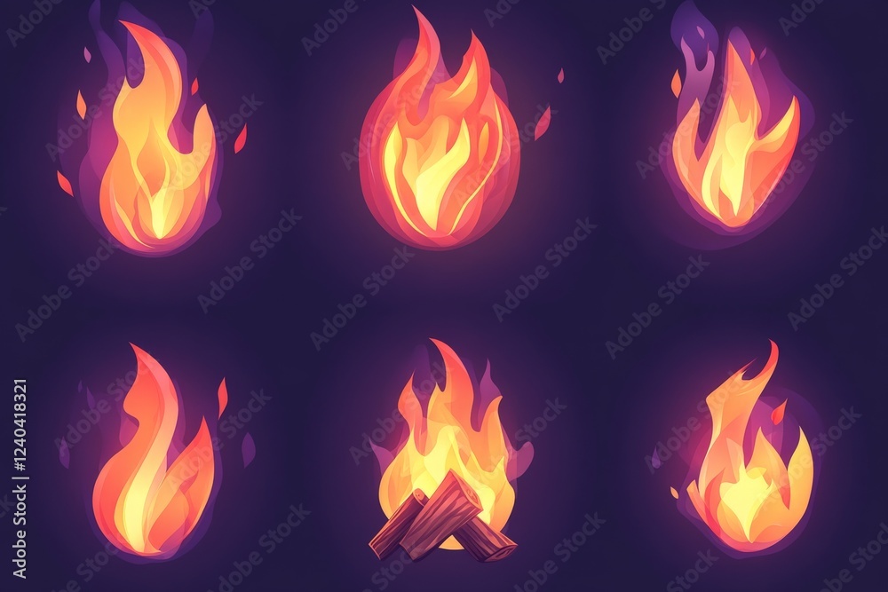 Colorful digital flames collection representing various fire styles and motions for art and design projects Colorful digital flames collection representing various fire styles and motions for art and design projects