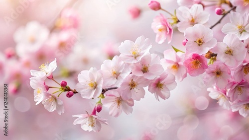 Soft pink cherry blossoms in full bloom against a white seamless background
