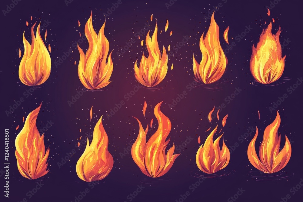 Various depictions of flames showcasing vibrant colors and unique shapes against a dark background Various depictions of flames showcasing vibrant colors and unique shapes against a dark background