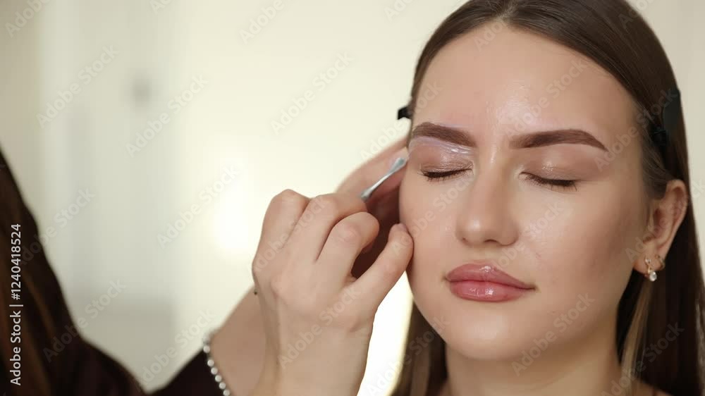 Brow grooming process: eyebrow correction with wax, removal of excess hairs. Brow grooming process: eyebrow correction with wax, removal of excess hairs.