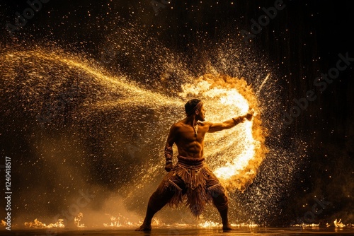 Fire dancer performs dazzling performance with vibrant flames in a night show photo